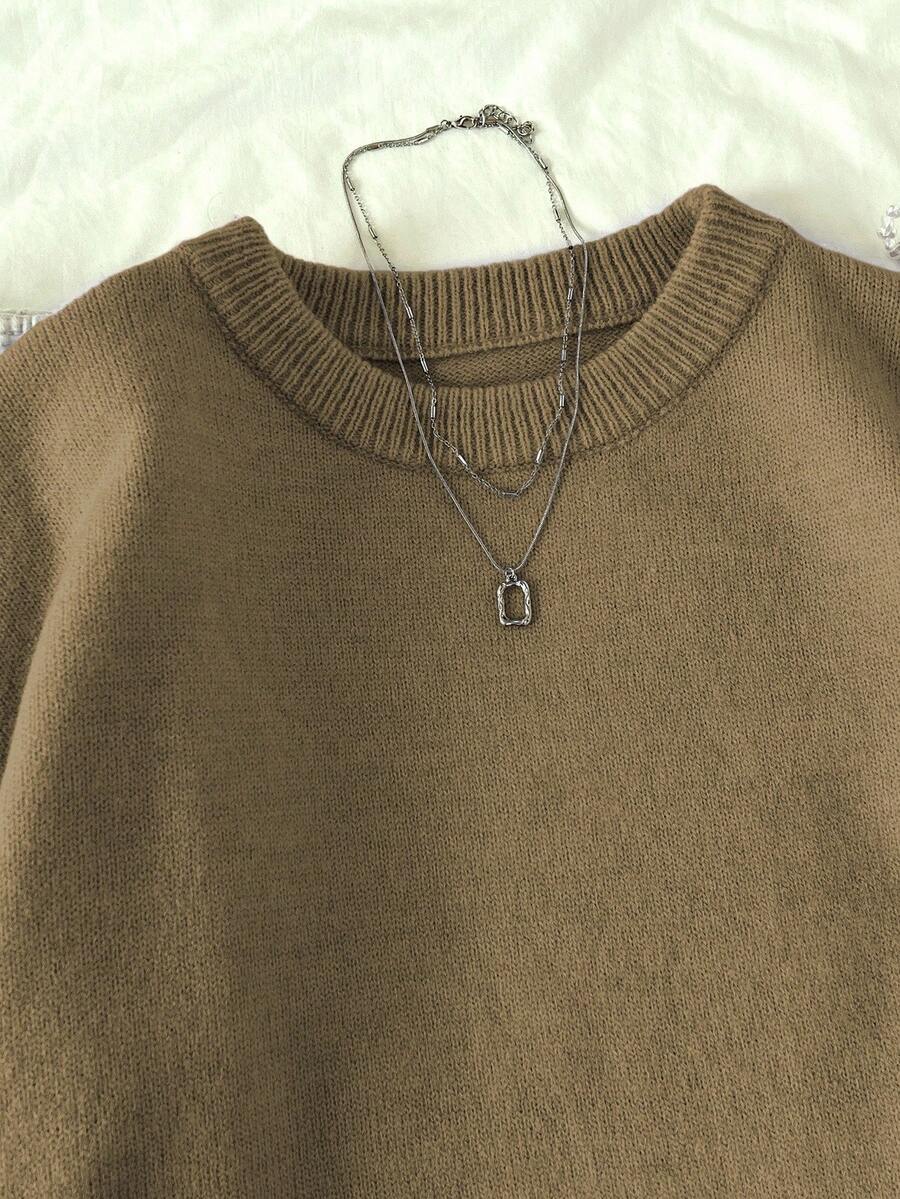 Women's Oversized Crew Neck Pullover Sweater, Relaxed Knit Sweater for Fall Winter - Burgundy