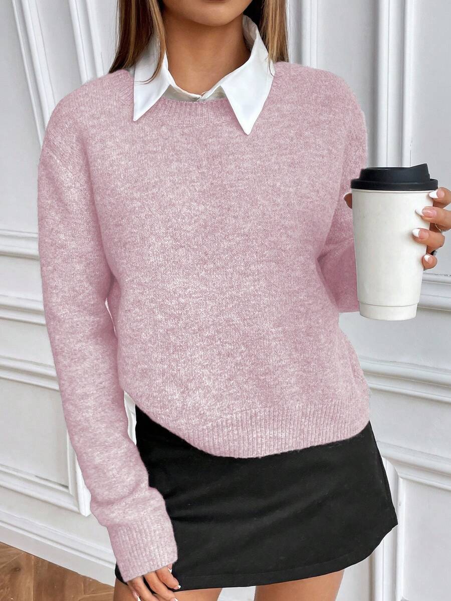 Women's Crew Neck Ribbed Knit Sweater, Fitted Pullover for Fall Winter - Pink