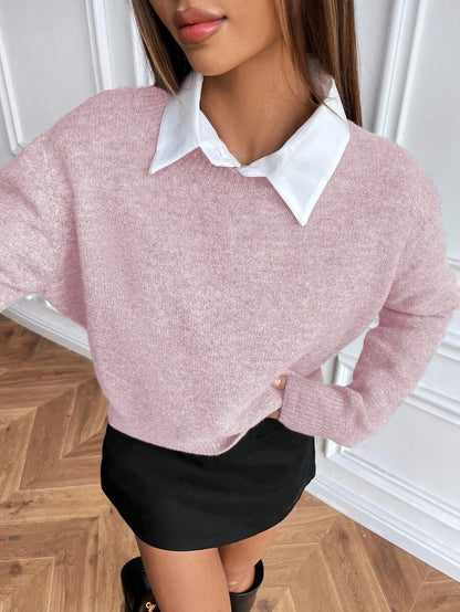Women's Crew Neck Ribbed Knit Sweater, Fitted Pullover for Fall Winter - Coffee Brown