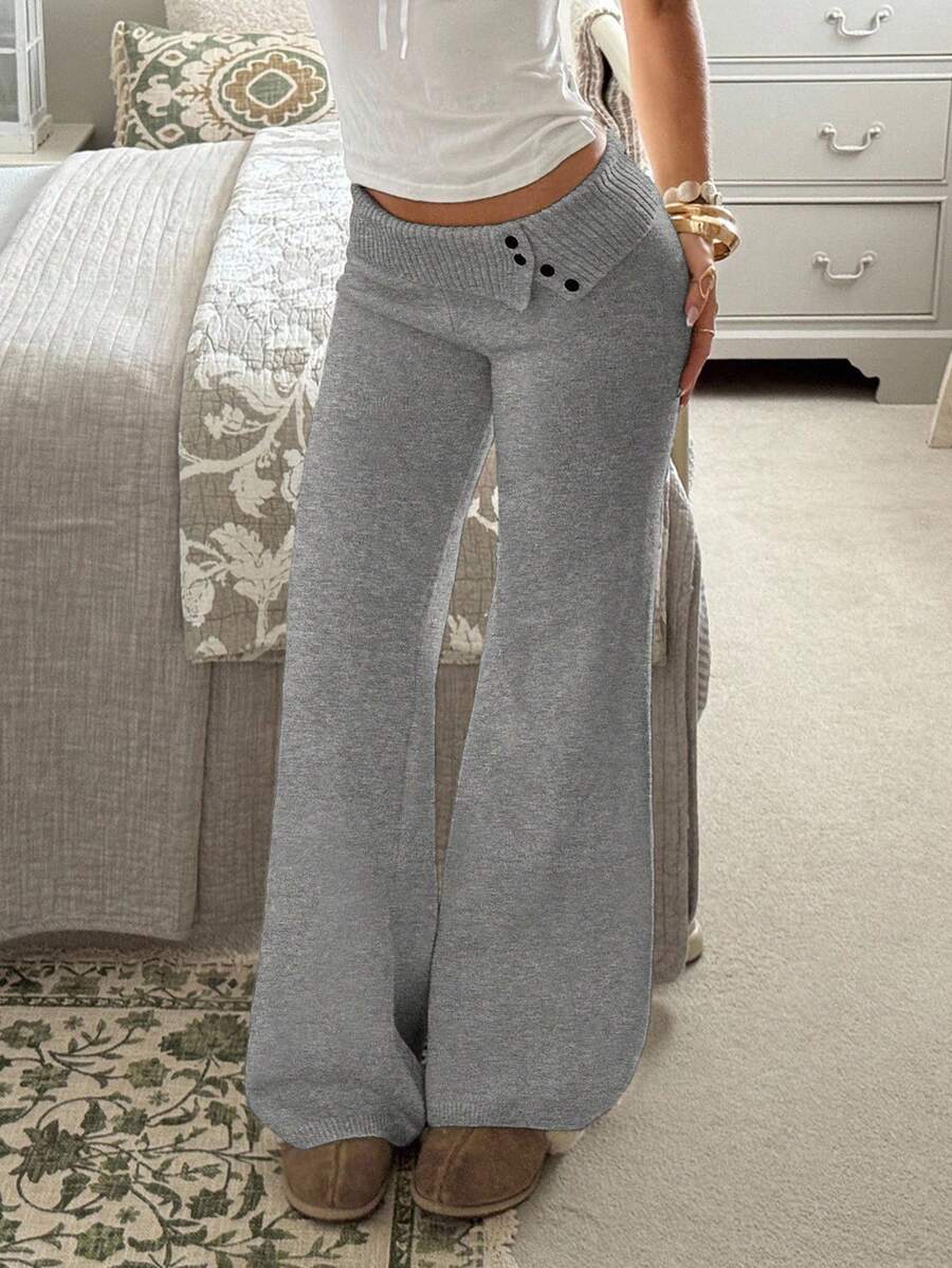 Rosalba Ribbed Knit Fold-Over Waist Flare Pants - Navy Blue