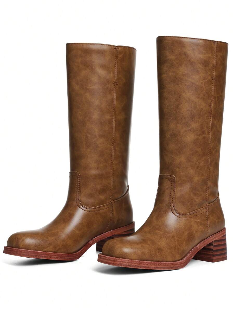 Knee High Boots For Woman Square Toe Fall Wide Calf Pull On Chunky Block Heeled Boots Riding Boots Autumn Casual Comfortable Block Heels For Women Mensa