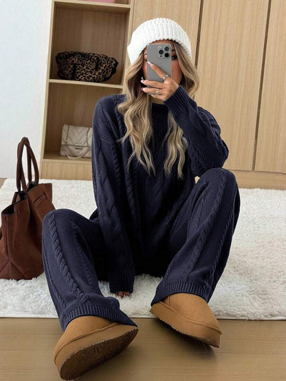 Ginevra 2 Piece Sweater Set Cable Knit Pullover and Wide Leg Pants - Navy