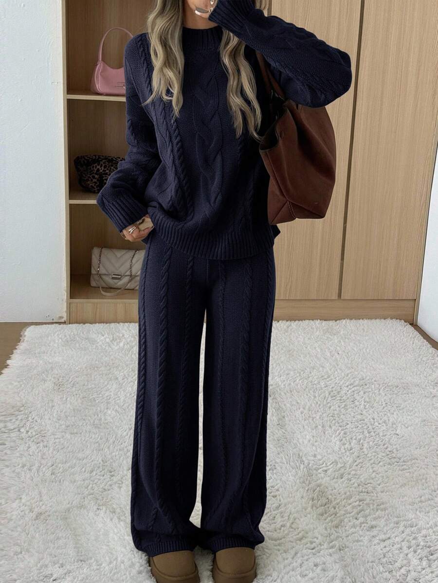 Ginevra 2 Piece Sweater Set Cable Knit Pullover and Wide Leg Pants - Navy