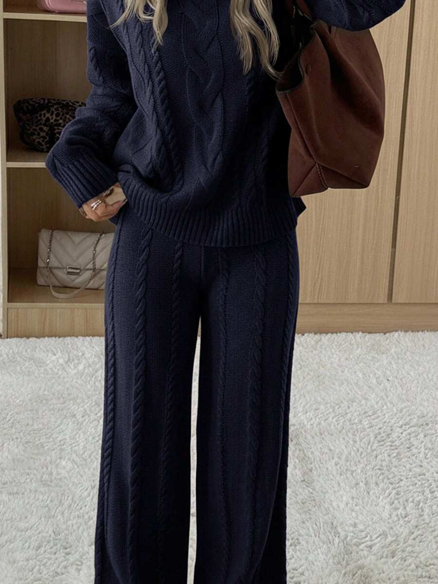 Ginevra 2 Piece Sweater Set Cable Knit Pullover and Wide Leg Pants - Navy
