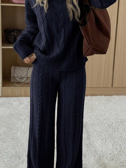 Ginevra 2 Piece Sweater Set Cable Knit Pullover and Wide Leg Pants - Navy