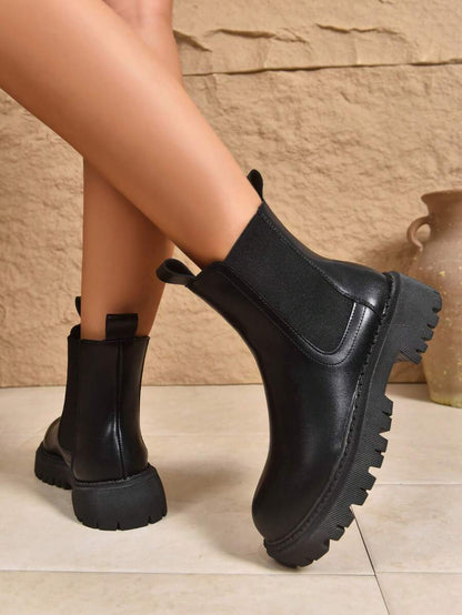 Women's Thick Sole Thermal Lined Boots, Fashionable & Versatile Black Patent Faux Leather Chelsea Ankle Boots, Black Utility Boots For Spring, Autumn & Winter. Suitable For Daily Wear, Parties, Weddings, Paired With Jeans, Dresses, Skirts, Leather, Sweate Mensa