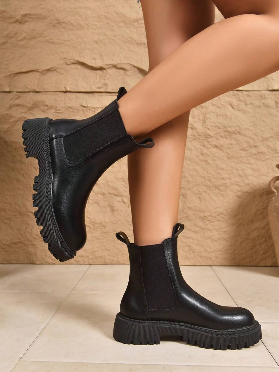 Women's Thick Sole Thermal Lined Boots, Fashionable & Versatile Black Patent Faux Leather Chelsea Ankle Boots, Black Utility Boots For Spring, Autumn & Winter. Suitable For Daily Wear, Parties, Weddings, Paired With Jeans, Dresses, Skirts, Leather, Sweate Mensa