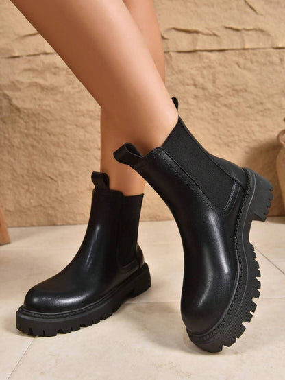 Women's Thick Sole Thermal Lined Boots, Fashionable & Versatile Black Patent Faux Leather Chelsea Ankle Boots, Black Utility Boots For Spring, Autumn & Winter. Suitable For Daily Wear, Parties, Weddings, Paired With Jeans, Dresses, Skirts, Leather, Sweate Mensa