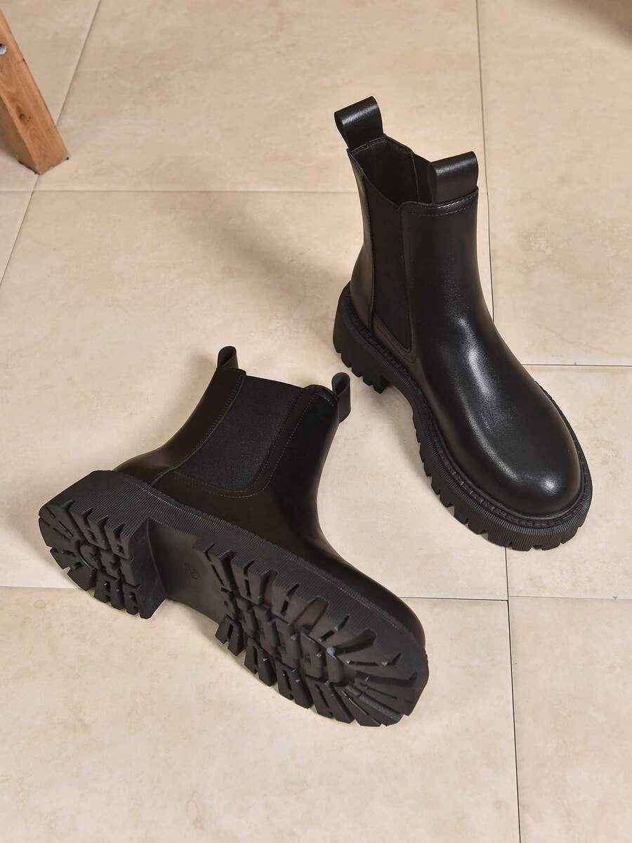 Women's Thick Sole Thermal Lined Boots, Fashionable & Versatile Black Patent Faux Leather Chelsea Ankle Boots, Black Utility Boots For Spring, Autumn & Winter. Suitable For Daily Wear, Parties, Weddings, Paired With Jeans, Dresses, Skirts, Leather, Sweate Mensa