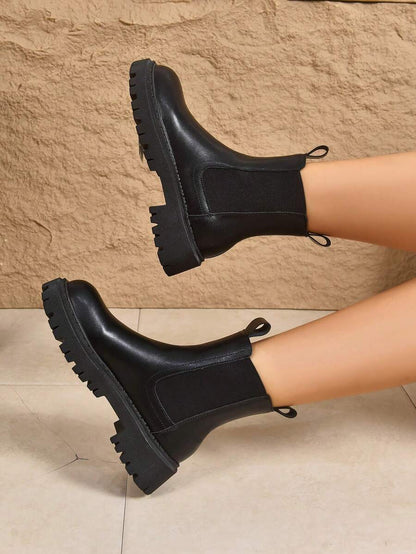 Women's Thick Sole Thermal Lined Boots, Fashionable & Versatile Black Patent Faux Leather Chelsea Ankle Boots, Black Utility Boots For Spring, Autumn & Winter. Suitable For Daily Wear, Parties, Weddings, Paired With Jeans, Dresses, Skirts, Leather, Sweate Mensa