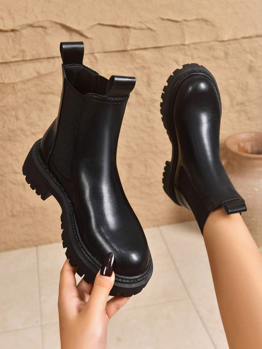 Women's Thick Sole Thermal Lined Boots, Fashionable & Versatile Black Patent Faux Leather Chelsea Ankle Boots, Black Utility Boots For Spring, Autumn & Winter. Suitable For Daily Wear, Parties, Weddings, Paired With Jeans, Dresses, Skirts, Leather, Sweate Mensa