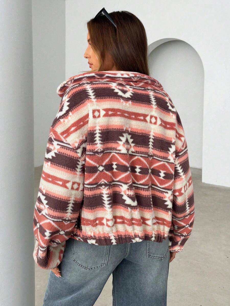 Moab Geometric Pattern Fleece Zip Up Teddy Jacket