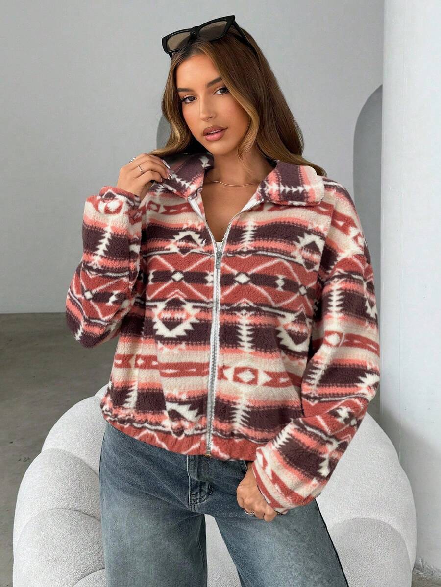 Moab Geometric Pattern Fleece Zip Up Teddy Jacket