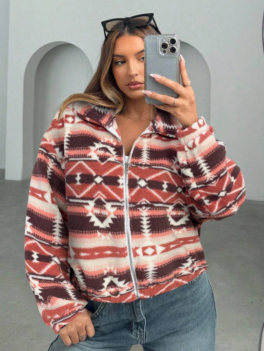Moab Geometric Pattern Fleece Zip Up Teddy Jacket