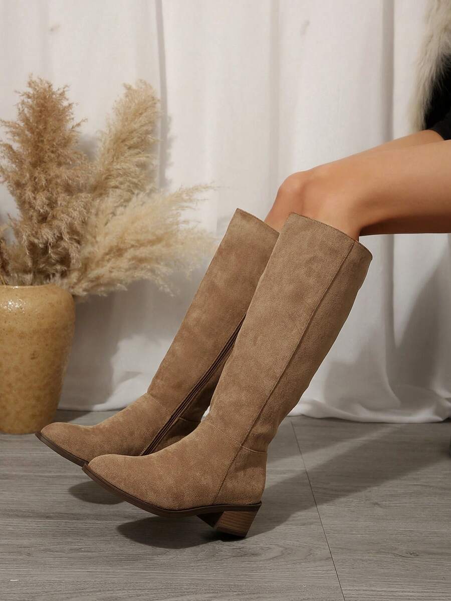 Fall/Winter Plus Size Women's Suede Brown Knee-High Boots With Side Zipper And Chunky Heel,Cowboy Boots Mensa