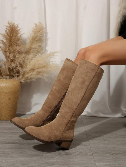 Fall/Winter Plus Size Women's Suede Brown Knee-High Boots With Side Zipper And Chunky Heel,Cowboy Boots Mensa