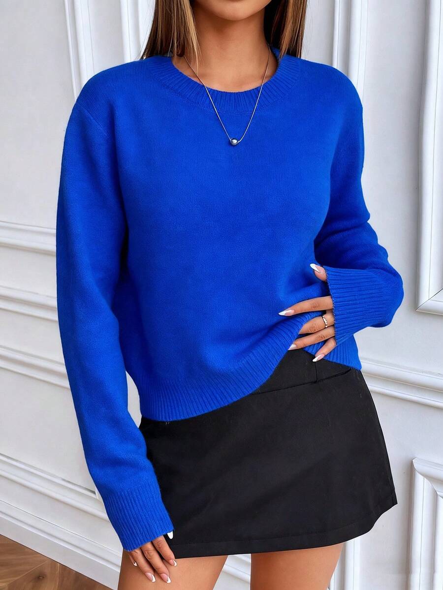 Women's Crew Neck Ribbed Knit Sweater, Fitted Pullover for Fall Winter - Burgundy