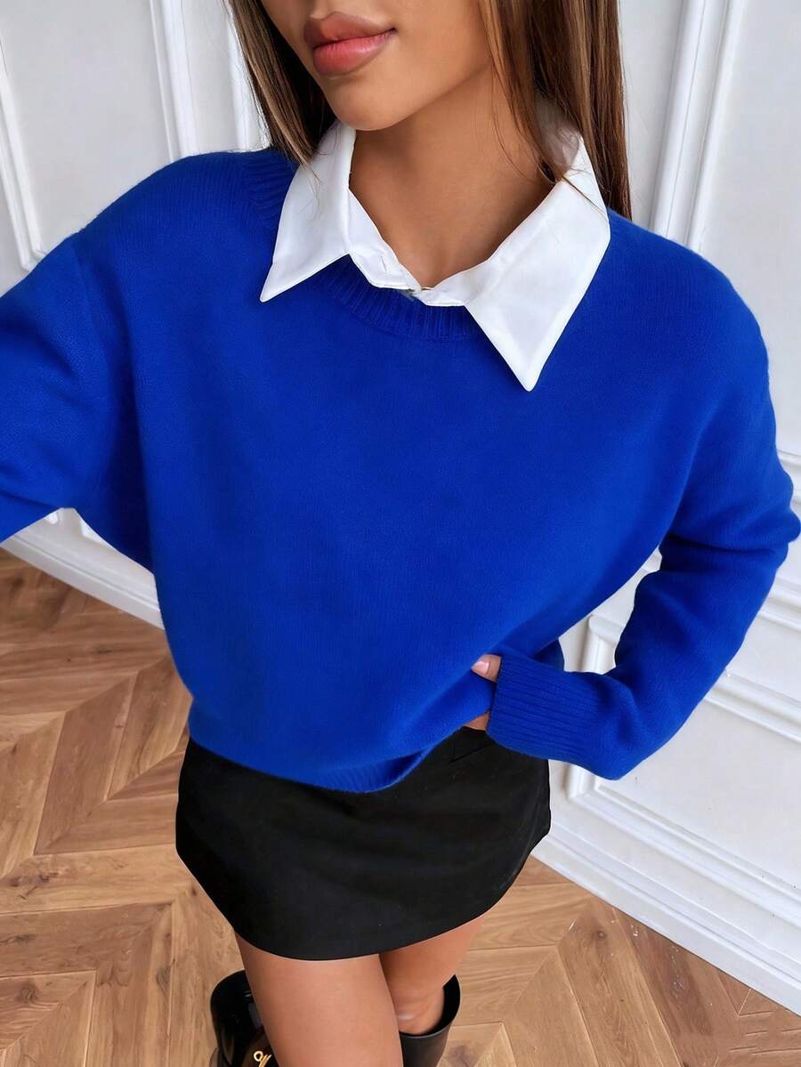 Women's Crew Neck Ribbed Knit Sweater, Fitted Pullover for Fall Winter - Pink