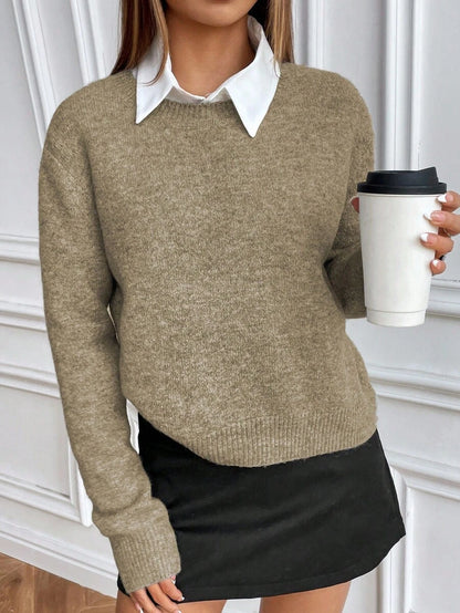 Women's Crew Neck Ribbed Knit Sweater, Fitted Pullover for Fall Winter - Khaki