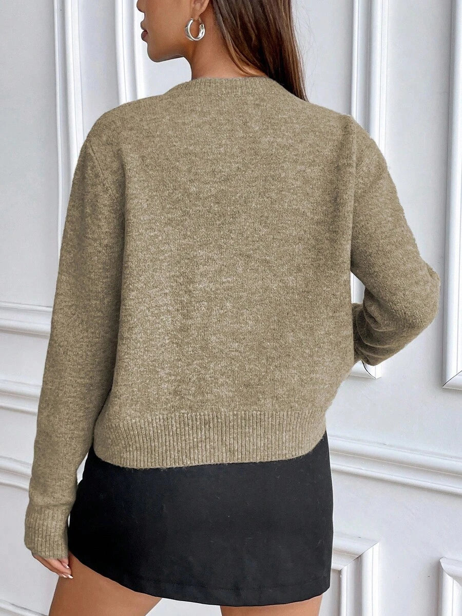 Women's Crew Neck Ribbed Knit Sweater, Fitted Pullover for Fall Winter - Light Grey