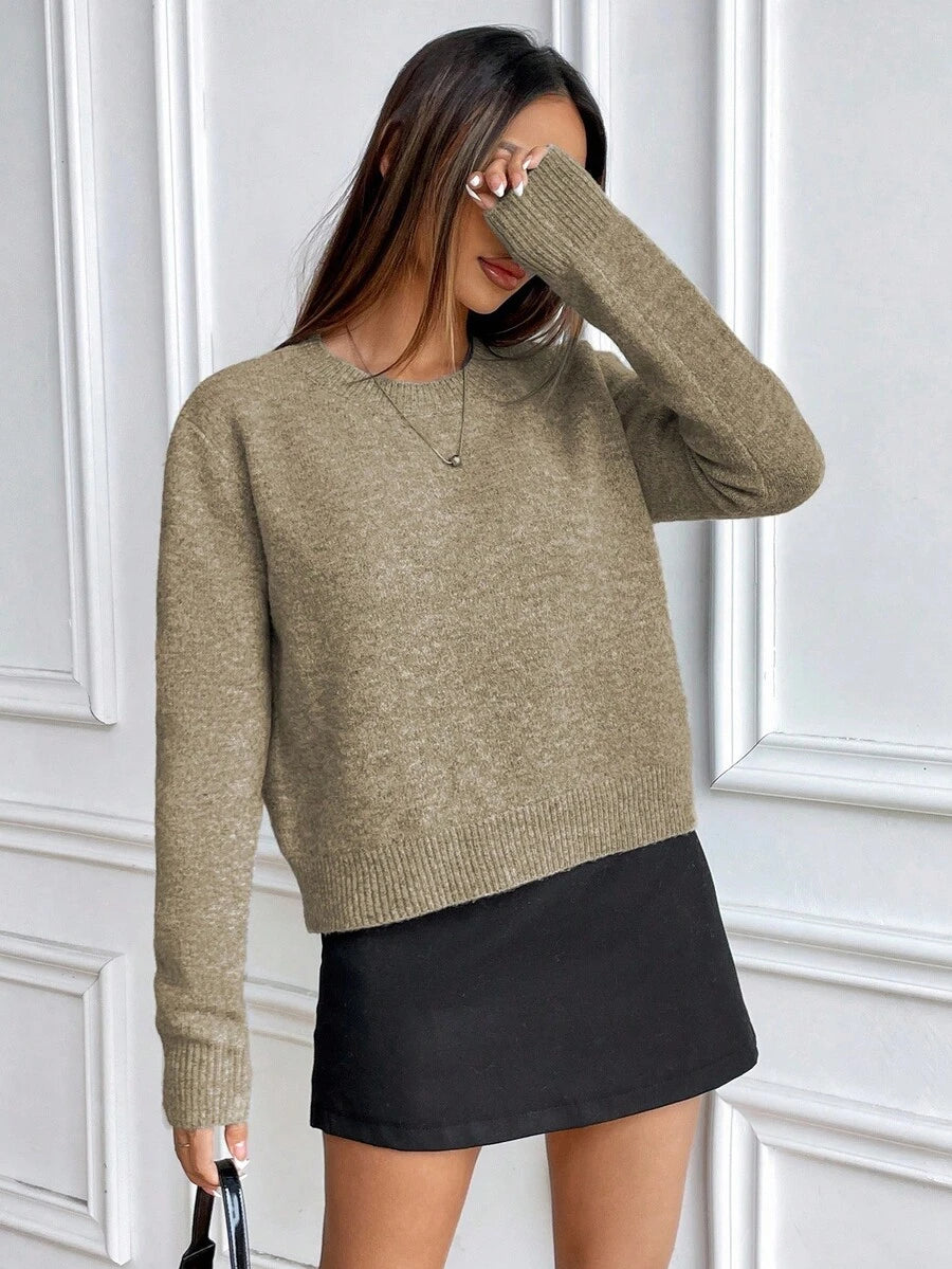 Women's Crew Neck Ribbed Knit Sweater, Fitted Pullover for Fall Winter - Dark Grey