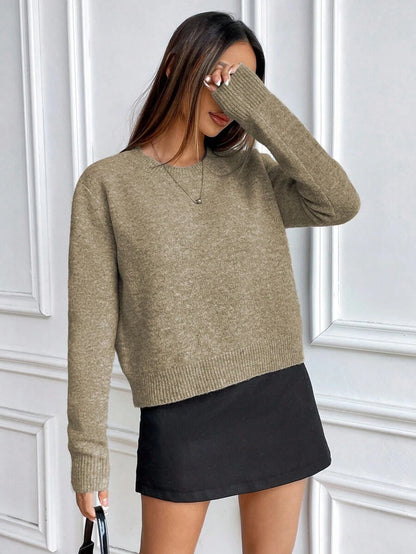 Women's Crew Neck Ribbed Knit Sweater, Fitted Pullover for Fall Winter - Dark Grey