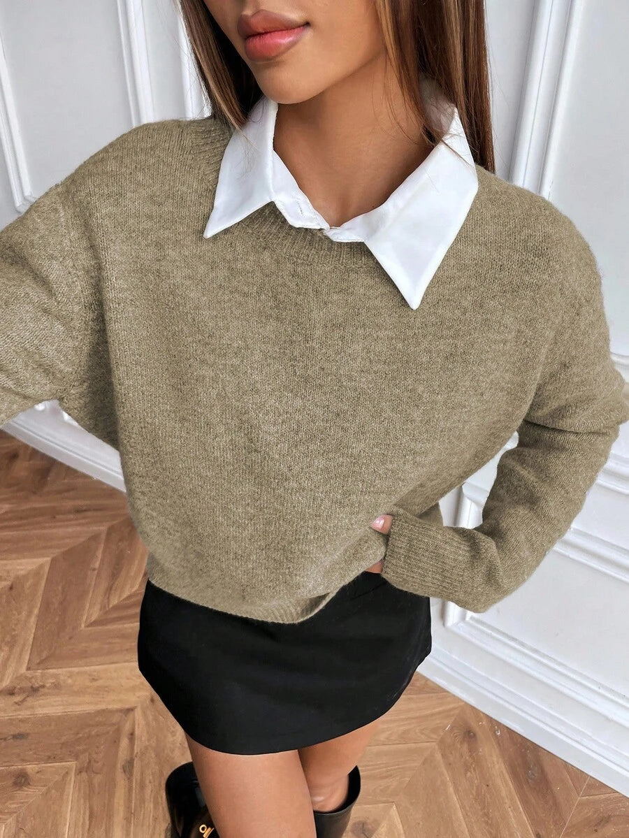 Women's Crew Neck Ribbed Knit Sweater, Fitted Pullover for Fall Winter - Coffee Brown
