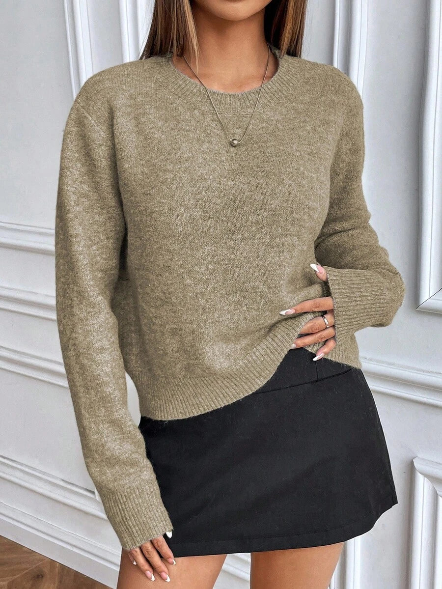 Women's Crew Neck Ribbed Knit Sweater, Fitted Pullover for Fall Winter - Black