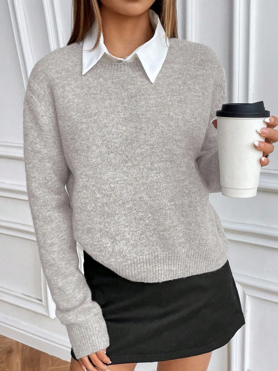 Women's Crew Neck Ribbed Knit Sweater, Fitted Pullover for Fall Winter - White