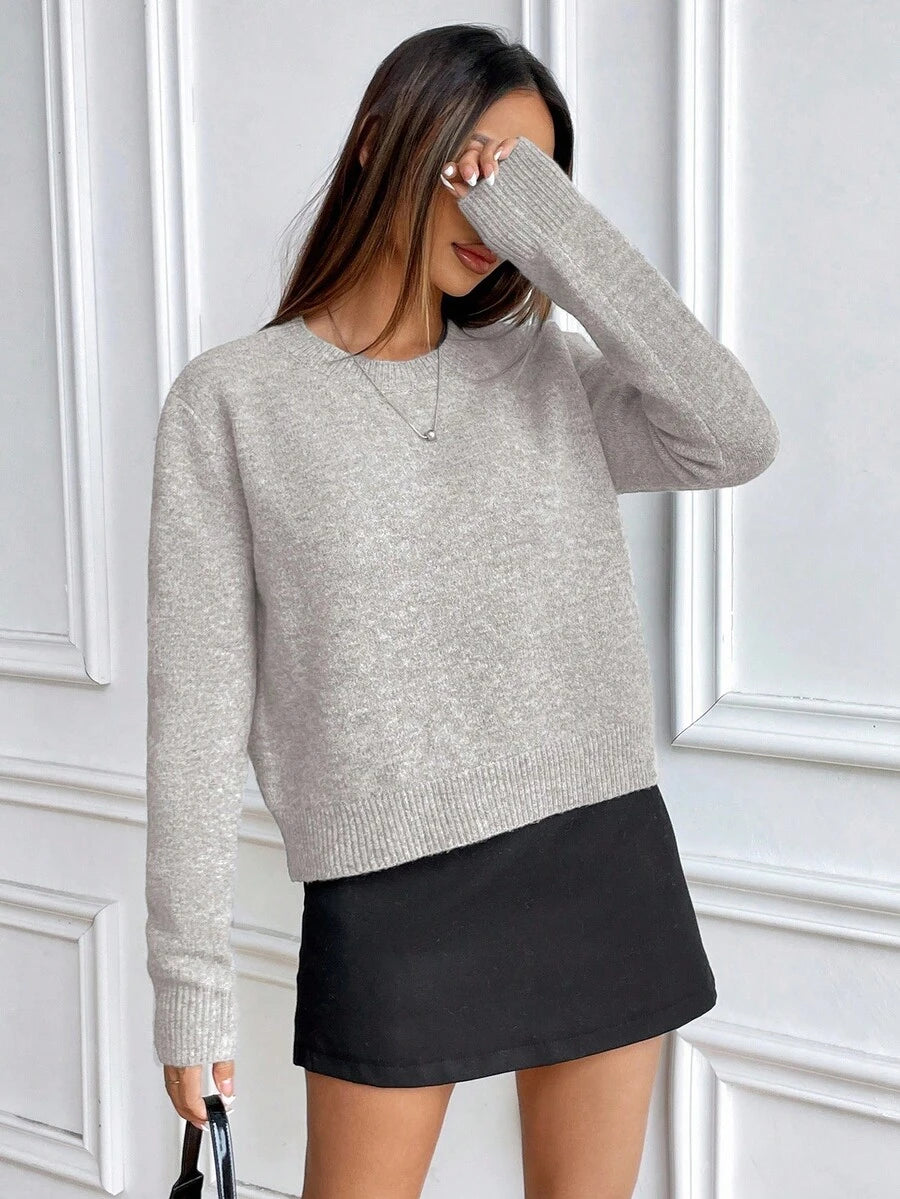 Women's Crew Neck Ribbed Knit Sweater, Fitted Pullover for Fall Winter - Burgundy