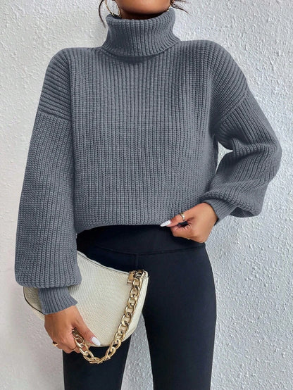 Wilhelmina Rib Knit Turtleneck Drop Shoulder Pullover Sweater - Grey