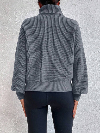 Wilhelmina Rib Knit Turtleneck Drop Shoulder Pullover Sweater - Army Green