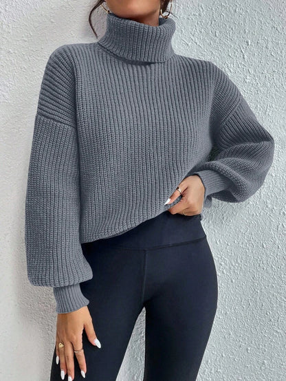Wilhelmina Rib Knit Turtleneck Drop Shoulder Pullover Sweater - Beige