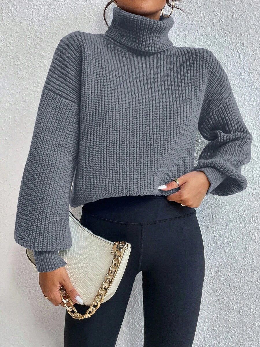 Wilhelmina Rib Knit Turtleneck Drop Shoulder Pullover Sweater - Royal Blue