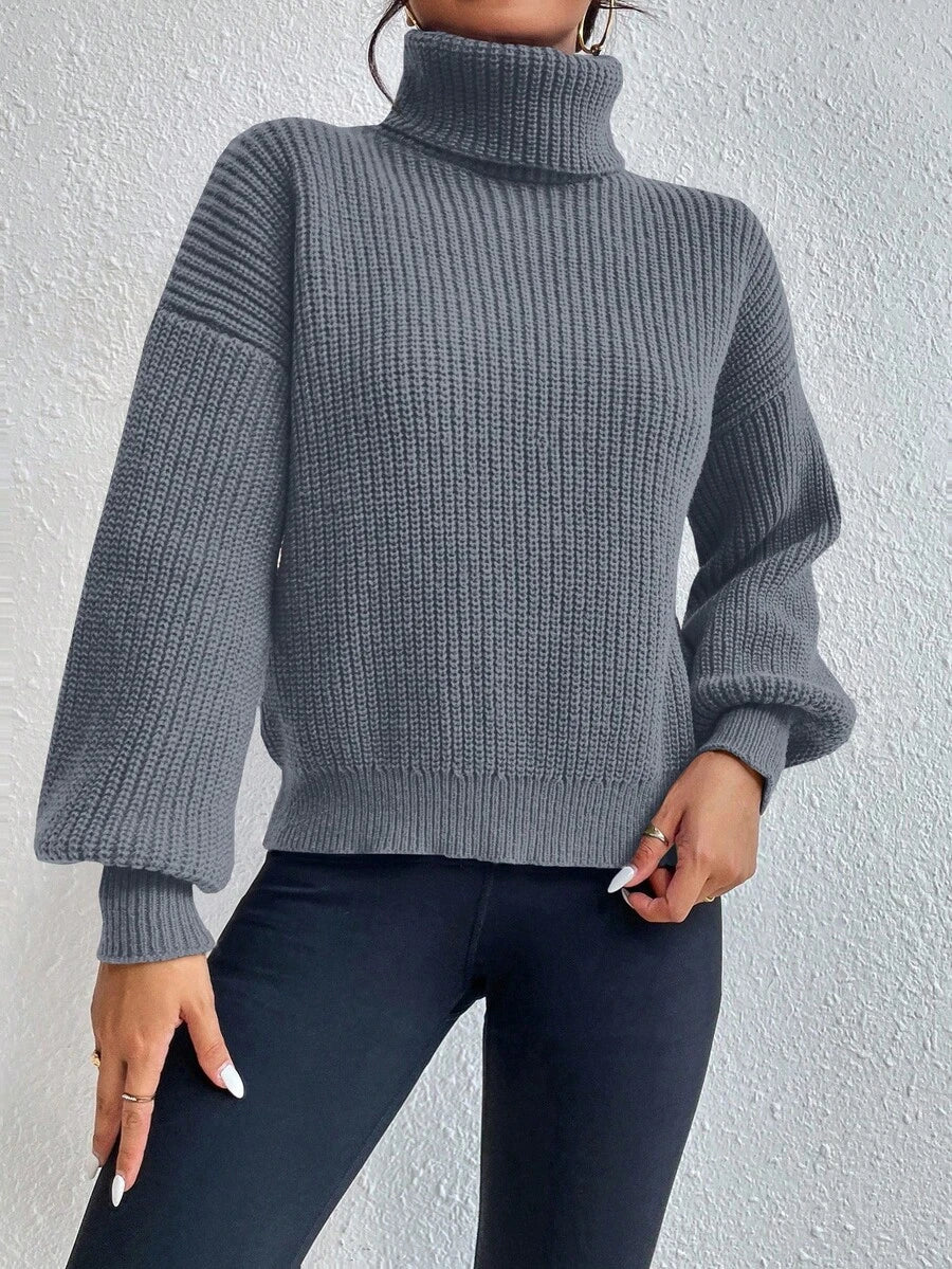 Wilhelmina Rib Knit Turtleneck Drop Shoulder Pullover Sweater - Light Grey