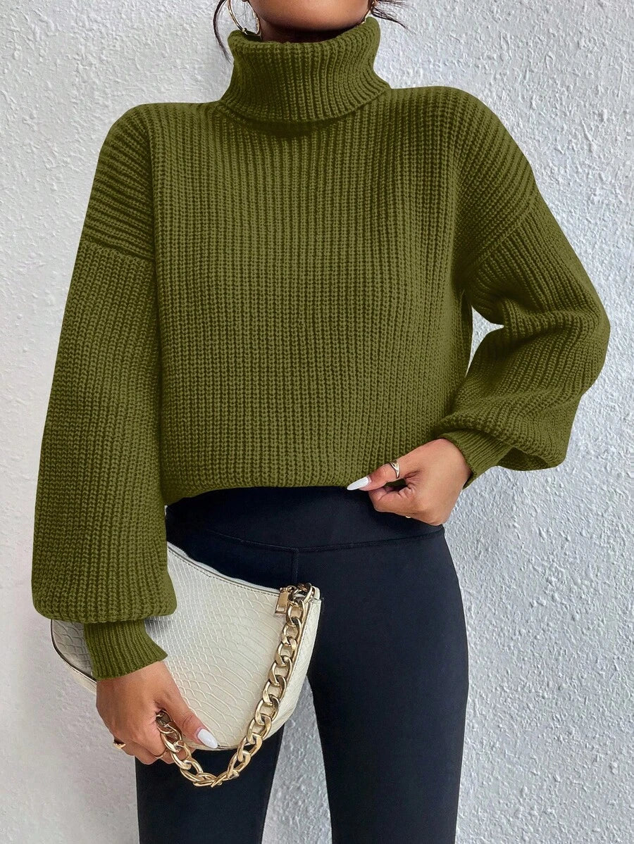 Wilhelmina Rib Knit Turtleneck Drop Shoulder Pullover Sweater - Army Green