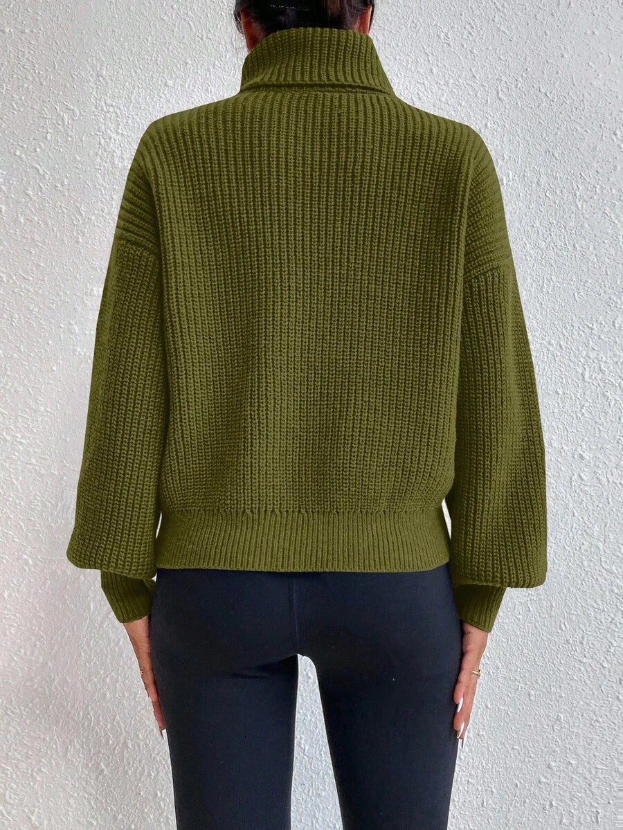 Wilhelmina Rib Knit Turtleneck Drop Shoulder Pullover Sweater - Baby Blue