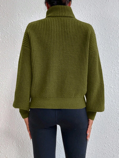 Wilhelmina Rib Knit Turtleneck Drop Shoulder Pullover Sweater - Baby Blue