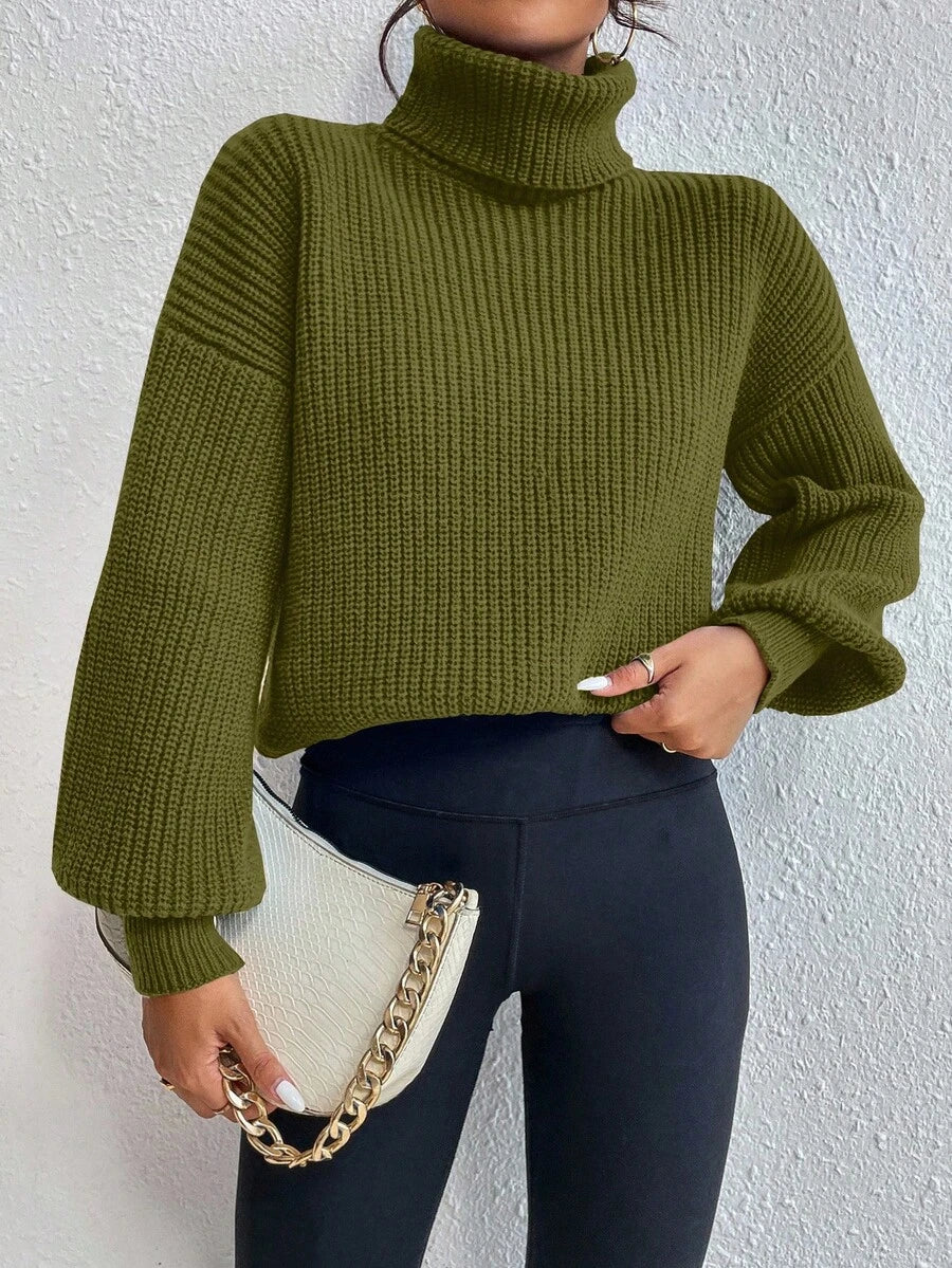 Wilhelmina Rib Knit Turtleneck Drop Shoulder Pullover Sweater - Redwood