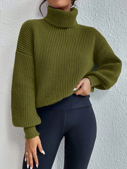Wilhelmina Rib Knit Turtleneck Drop Shoulder Pullover Sweater - Coffee Brown
