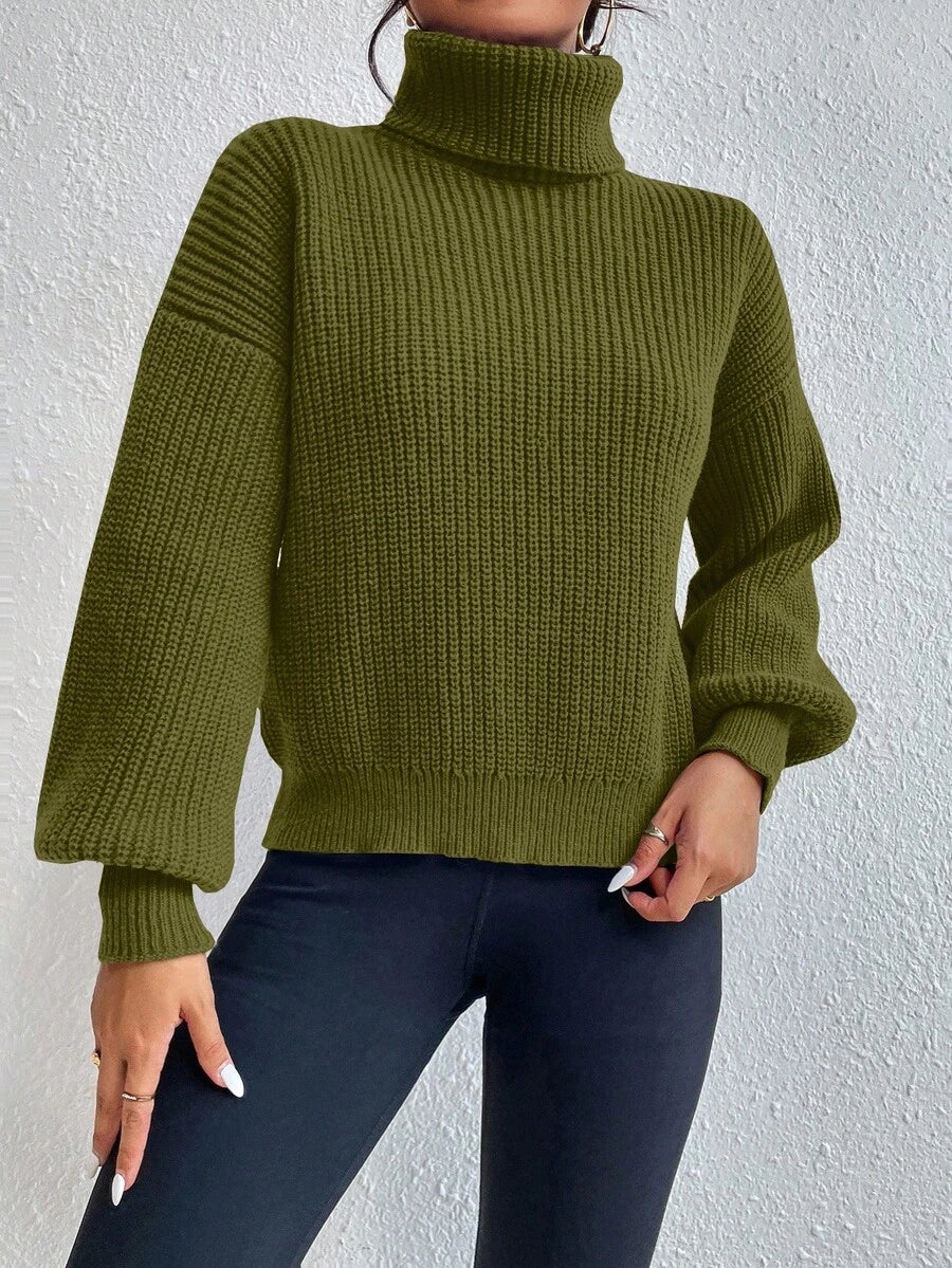 Wilhelmina Rib Knit Turtleneck Drop Shoulder Pullover Sweater - Baby Pink