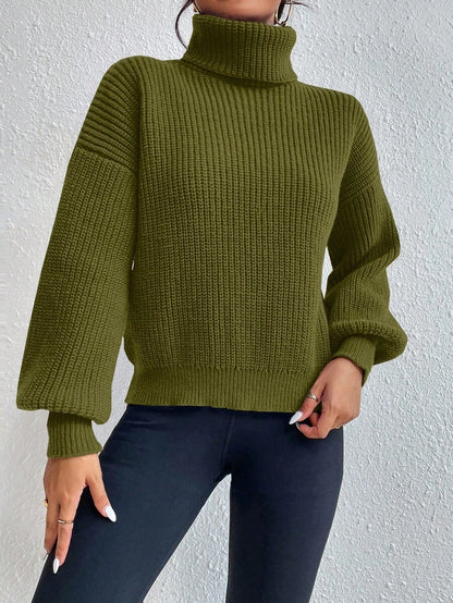 Wilhelmina Rib Knit Turtleneck Drop Shoulder Pullover Sweater - Baby Pink