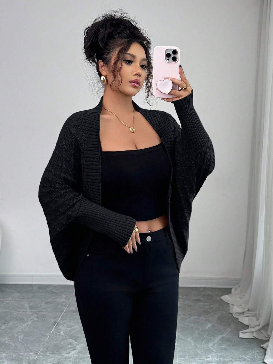 Margaux Diamond Knit Open Front Batwing Sleeve Shrug Cardigan - Black