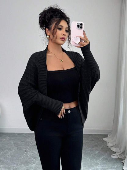 Margaux Diamond Knit Open Front Batwing Sleeve Shrug Cardigan - Black