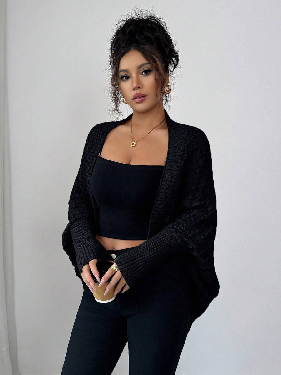 Margaux Diamond Knit Open Front Batwing Sleeve Shrug Cardigan - Black