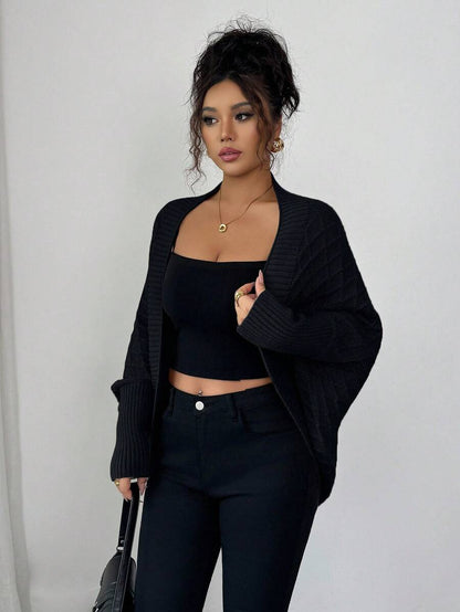Margaux Diamond Knit Open Front Batwing Sleeve Shrug Cardigan - Black