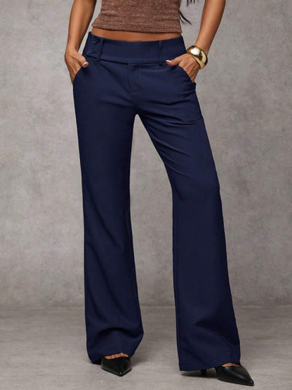 Antonia Low Rise Flare Leg Tailored Trousers with Pockets - Navy Blue