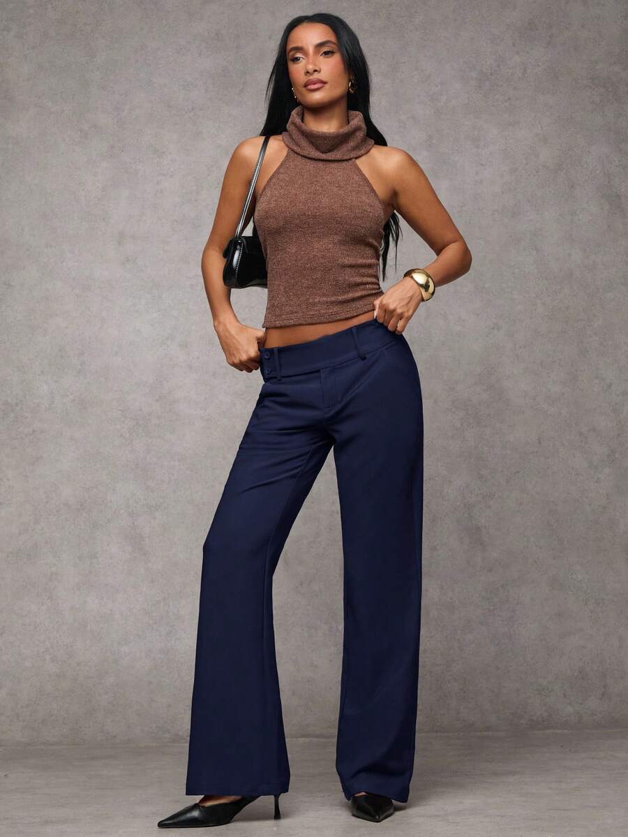 Antonia Low Rise Flare Leg Tailored Trousers with Pockets - Navy Blue