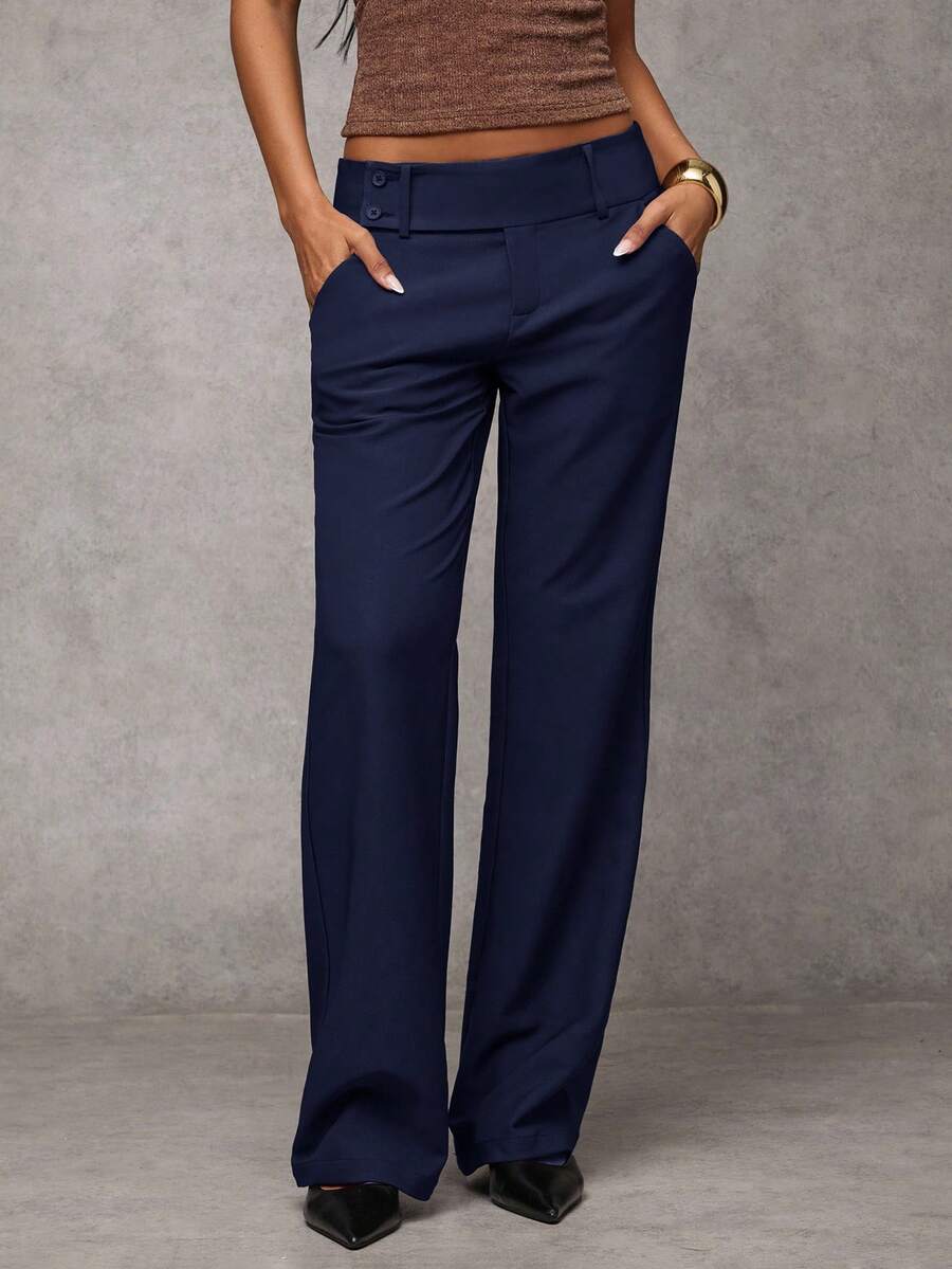 Antonia Low Rise Flare Leg Tailored Trousers with Pockets - Navy Blue