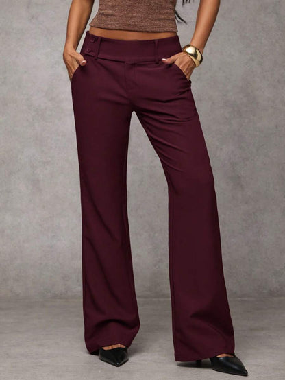 Antonia Low Rise Flare Leg Tailored Trousers with Pockets - Maroon